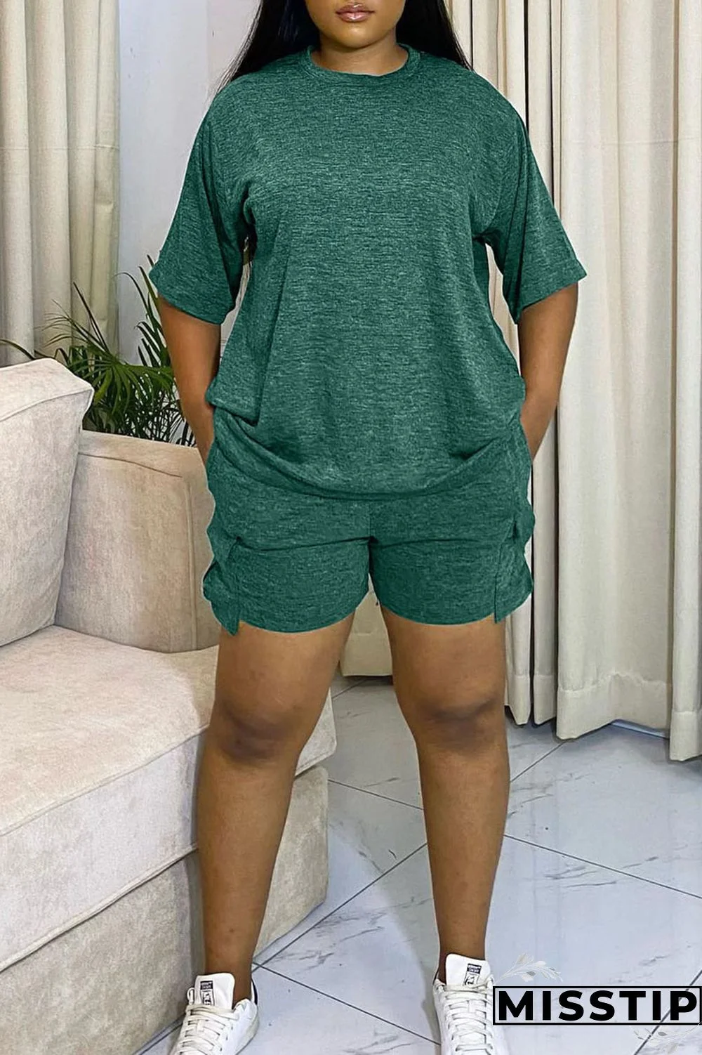 Orange Red Casual Solid Patchwork O Neck Short Sleeve Two Pieces