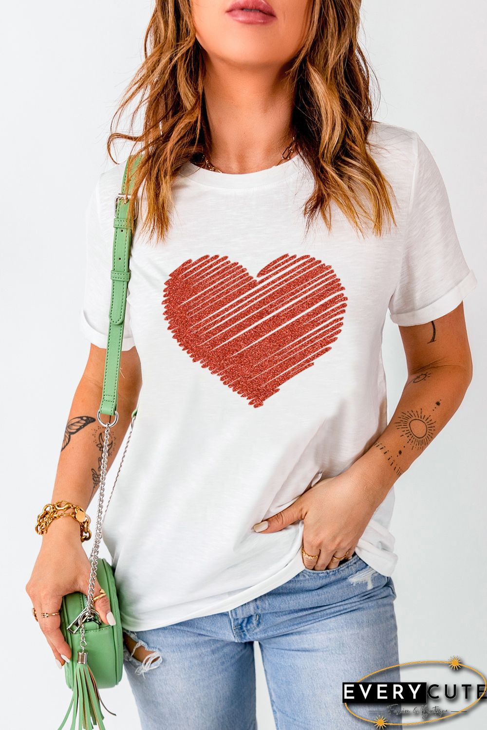 White Heart Shape Glitter Patter Print Short Sleeve T Shirt