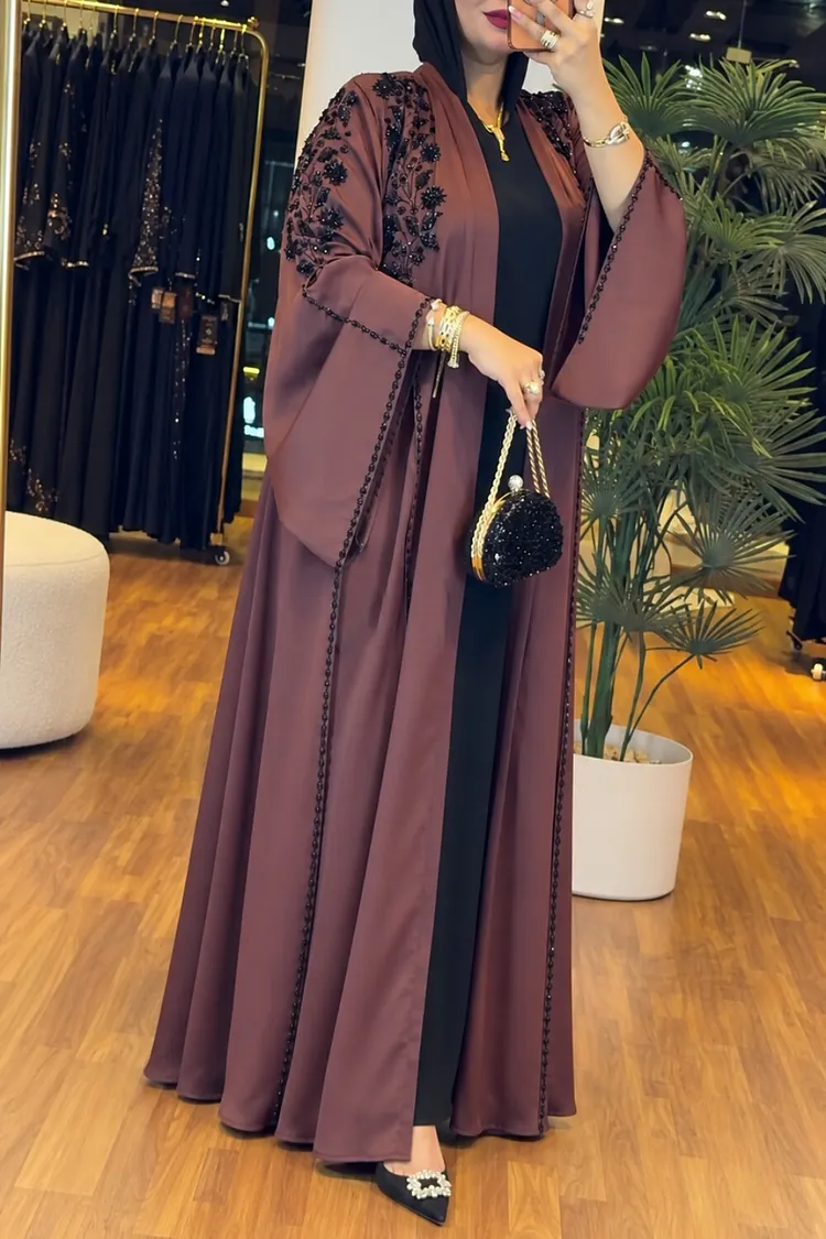 Beaded Floral Embroidery Bell Sleeve Open Front Abaya Cardigan [Pre Order]