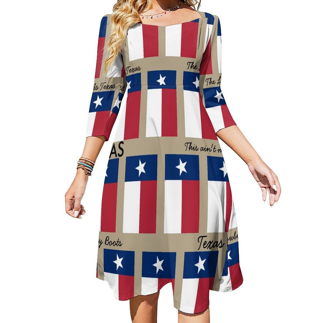 Texas This Aint My First Rodeo Pants Dress Sweetheart Tie Back Flared 3/4 Sleeve Midi Dresses