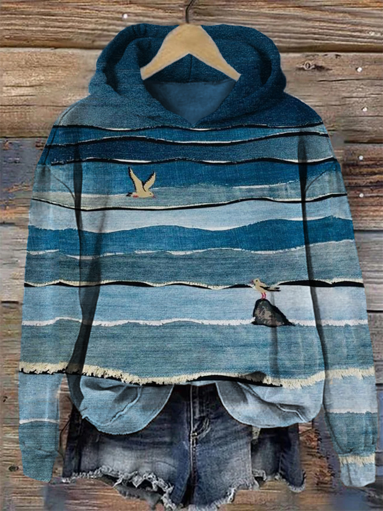 Seagulls Sea Waves Denim Patchwork Colorblock Hoodie  artssus