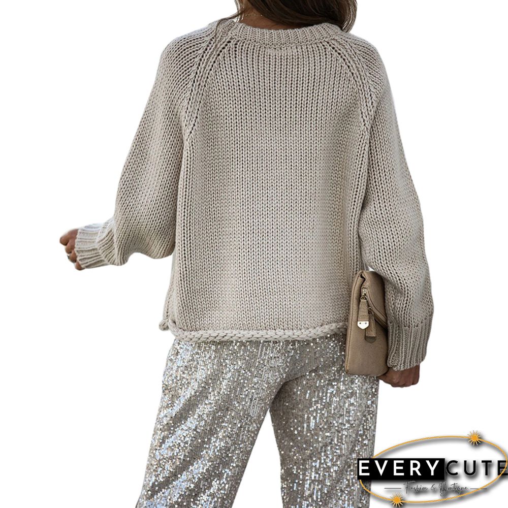 Khaki Solid Long Sleeve Thick Wool Sweater