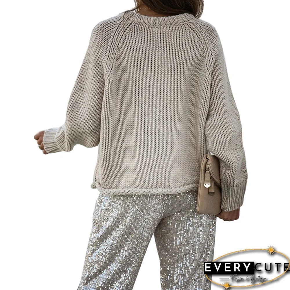 Khaki Solid Long Sleeve Thick Wool Sweater