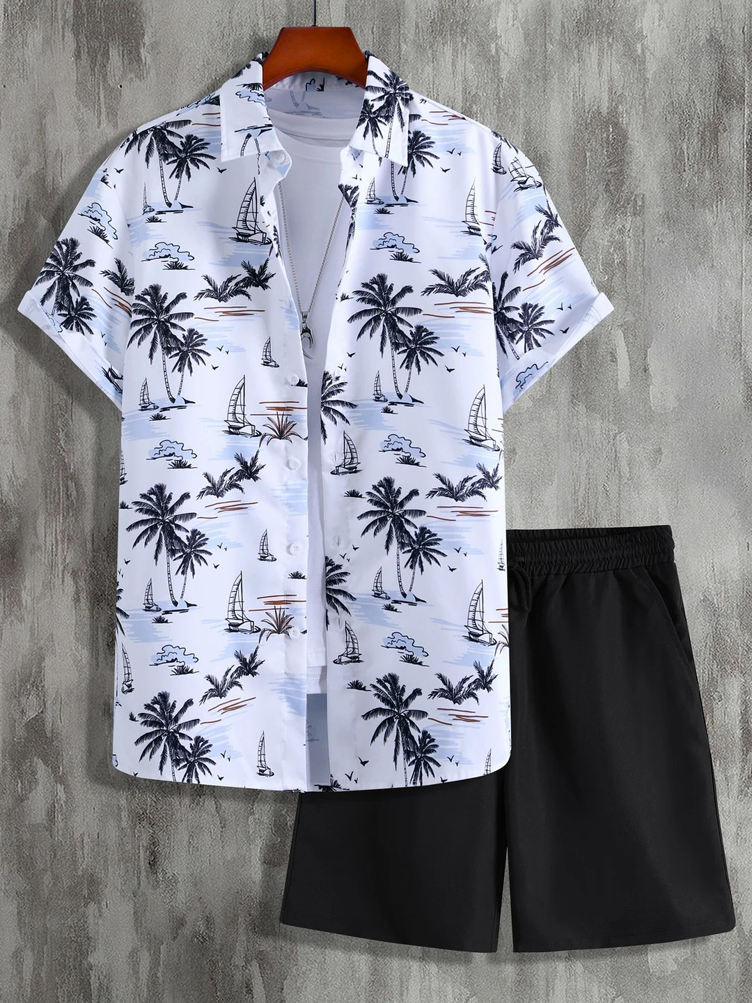 Manfinity RSRT Men Random Tropical Print Shirt & Drawstring Waist Shorts Without Tee