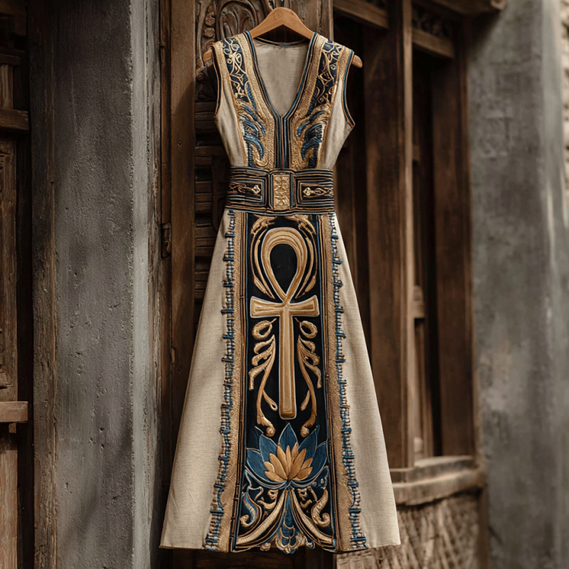 Women's Egyptian Ankh Symbol And Nymphaea Lotus Pattern Casual Long Dress