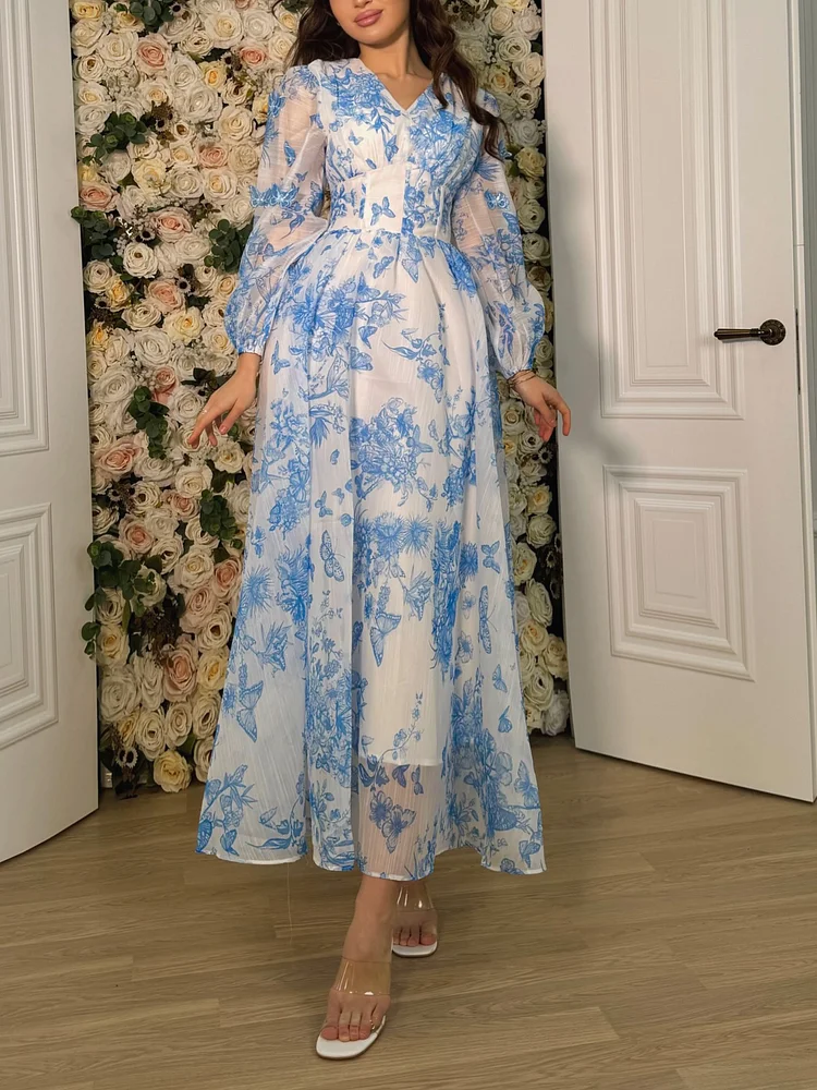 Butterfly Print V Neck Long Sleeve Dress
