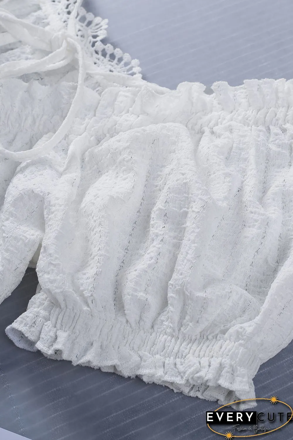 White Lace Crochet Lace-up Open Back Puff Sleeve Top