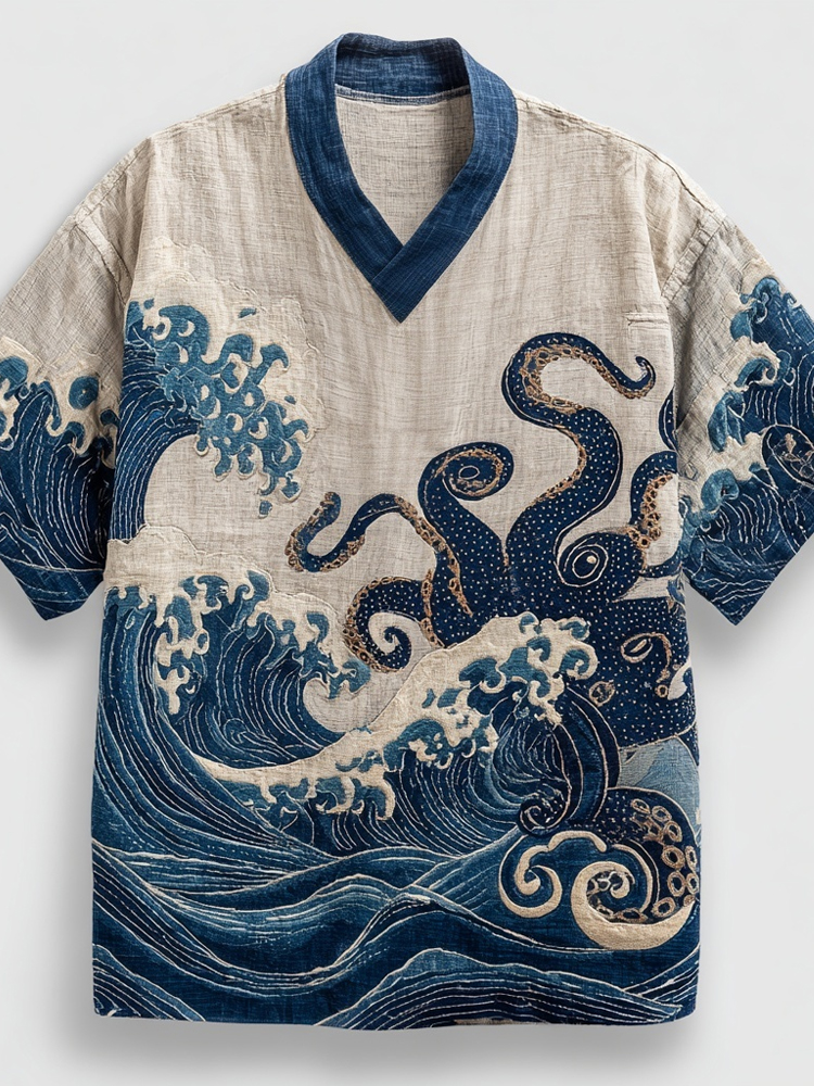 Japanese Waves & Octopus Embroidered Cozy Linen Shirt  artssus