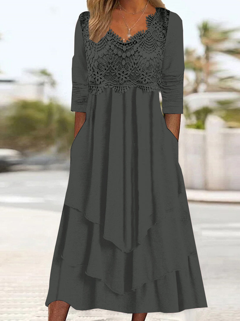 Women Half Sleeve V-neck Solid Color Dress