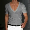 Men's Basic White Deep V-Neck Cotton Short Sleeve T-Shirt by Inlyline