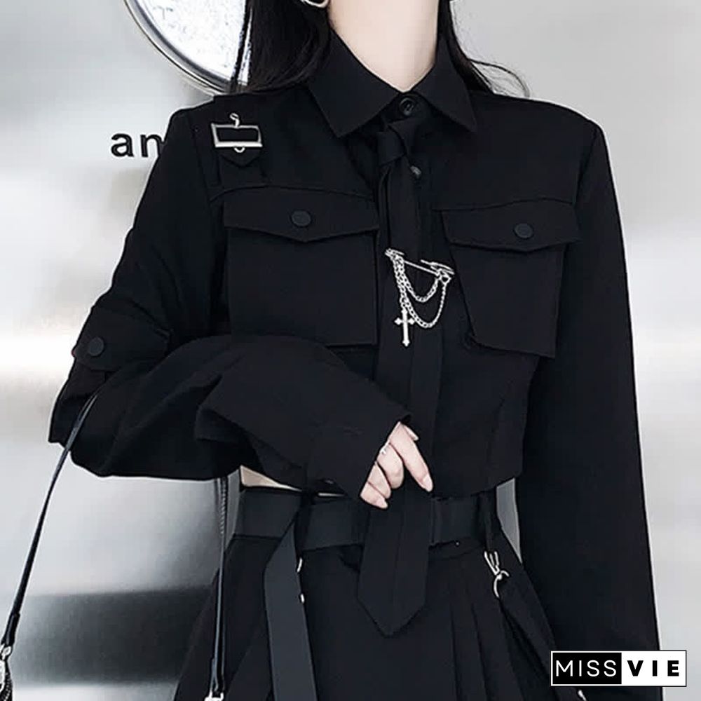 Cool Pocket Shirt Pleated Skirt Tie Set