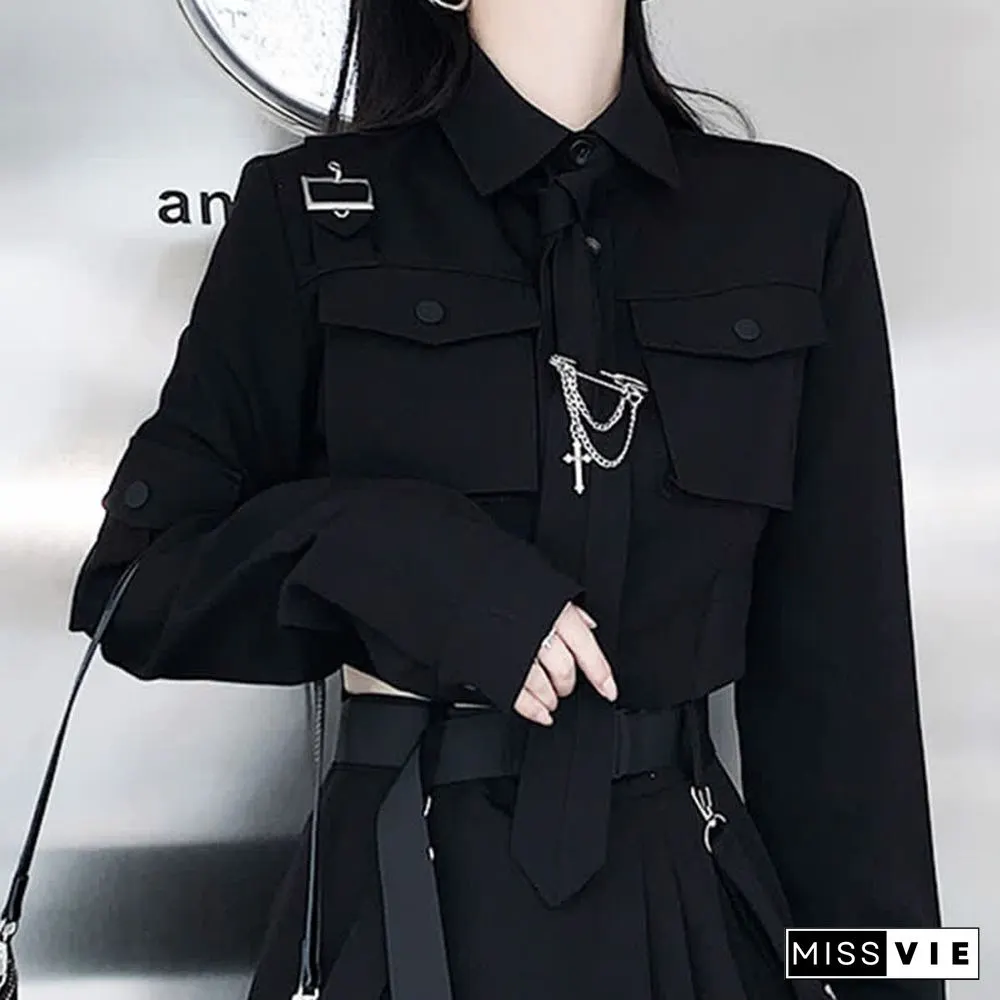 Cool Pocket Shirt Pleated Skirt Tie Set