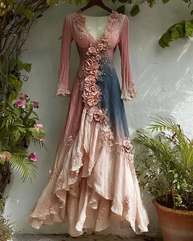 Women's Elegant Gradient Flowers Irregular Ruffle Linen Dress 5047