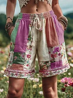 Women's Patchwork Floral Contrast Waist Drawstring Pocket Shorts - Image 3