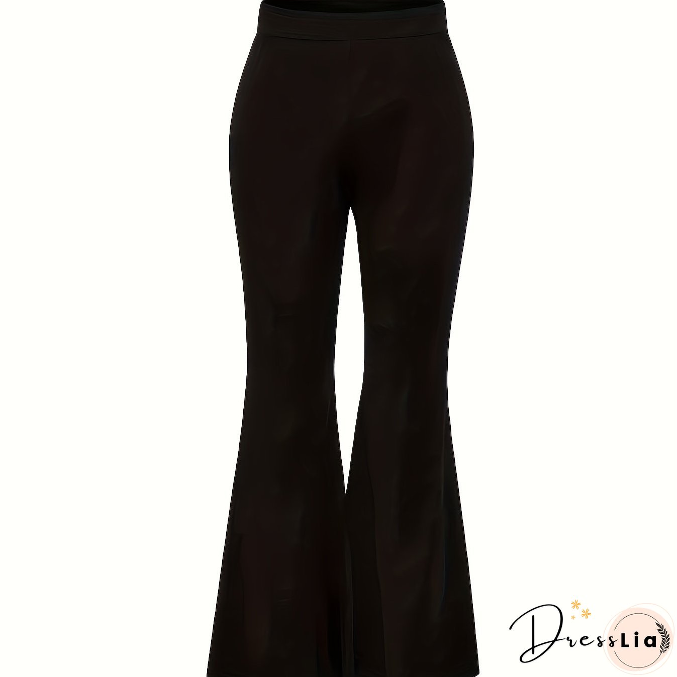 Plus Size Casual Pants, Women's Plus Plain High Waist Slight Stretch Loose Flare Leg Pants