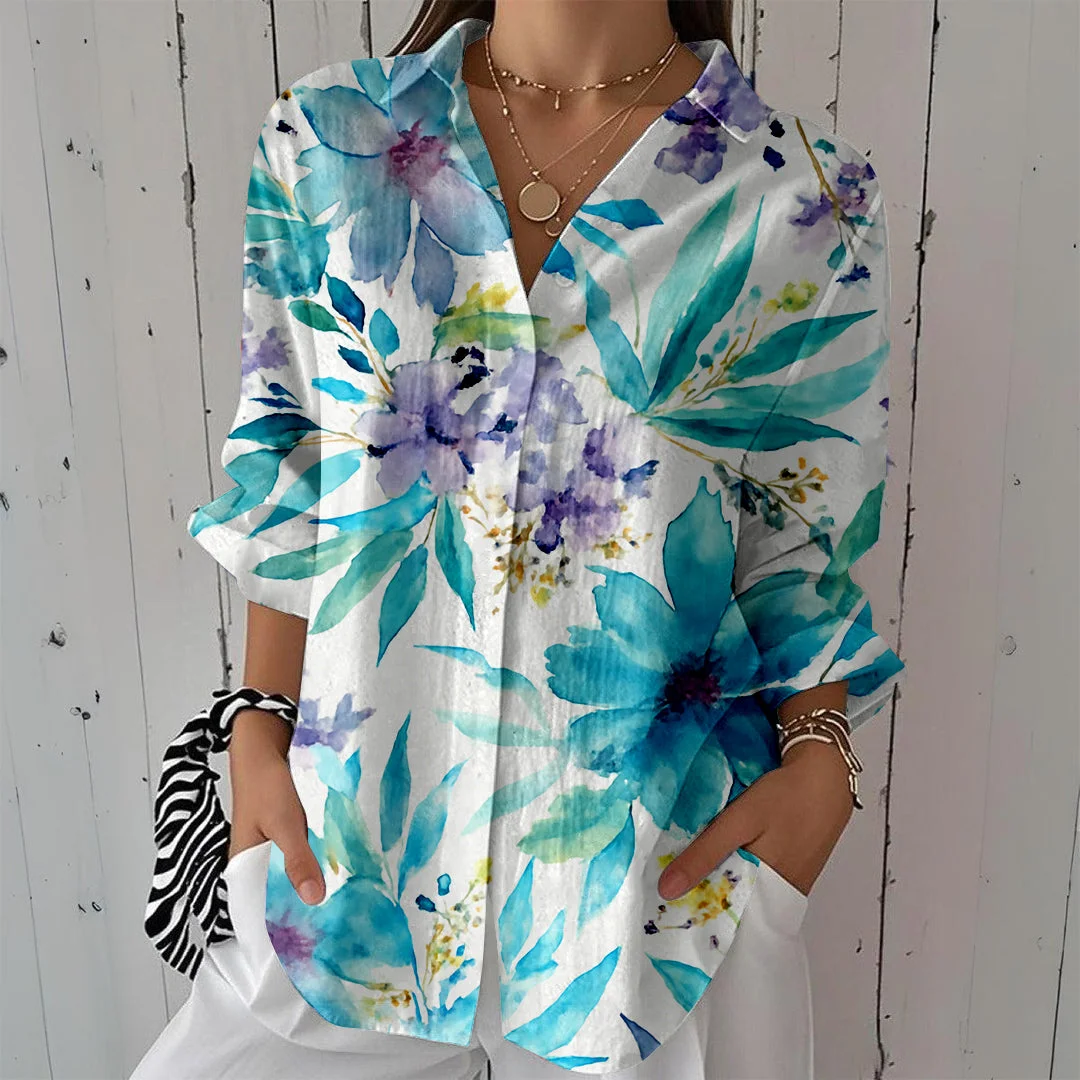 Style & Comfort for Mature Women Women Floral,Green DZCL0033 3/4 Sleeve Shirt Collar Printed Button Tops
