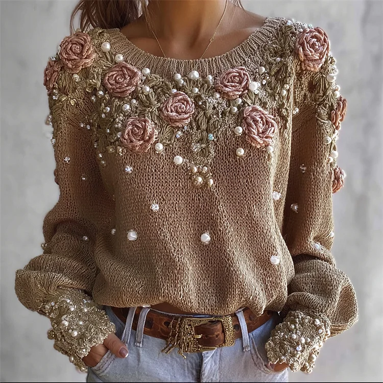 Vintage Classy Roses Pearls Embroidered Cozy Knit Sweater
