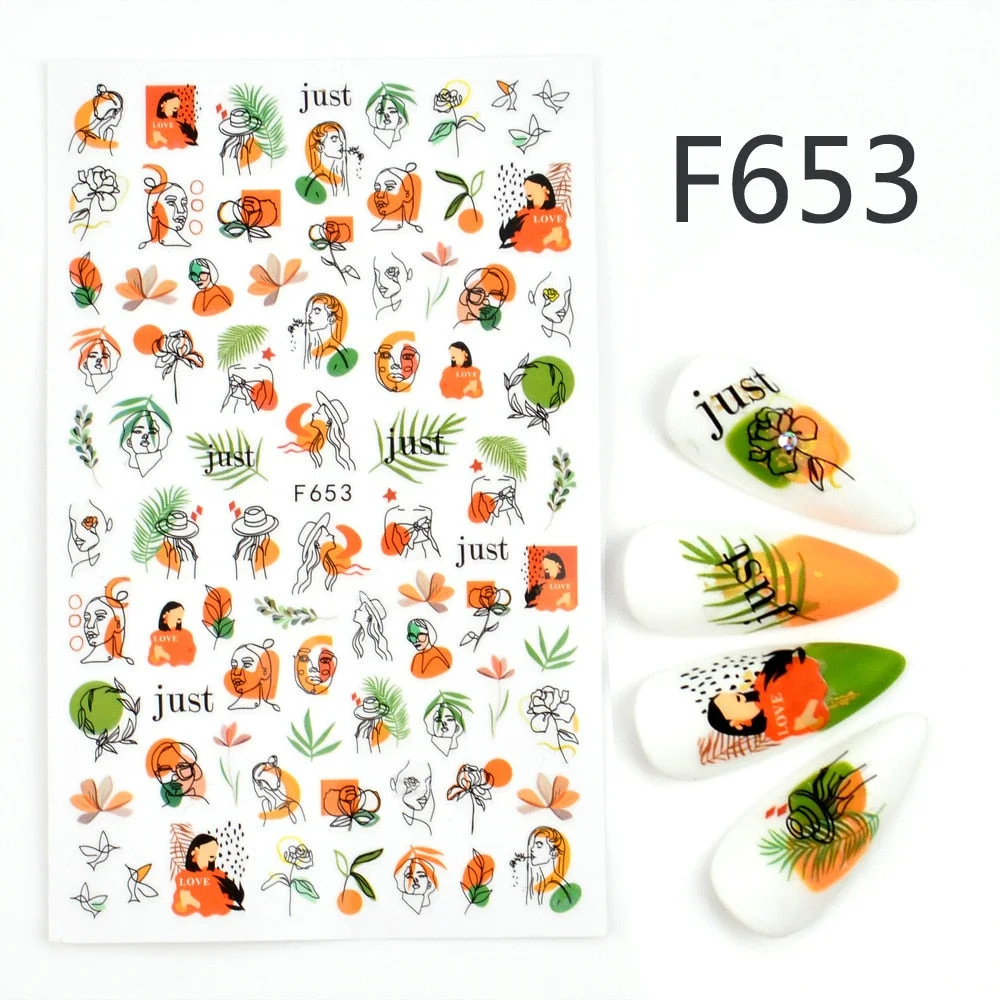 1PC Sexy Lady Shaped 3D Nail Stickers Character Face Image LOVE HEART Flower Decals Slider Black White DIY Nail Art Decorarion-Nail Inspo