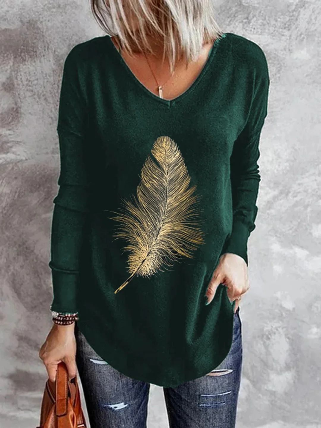 Uveng V-neck Leisure Long-sleeved Printed Women's T-shirt