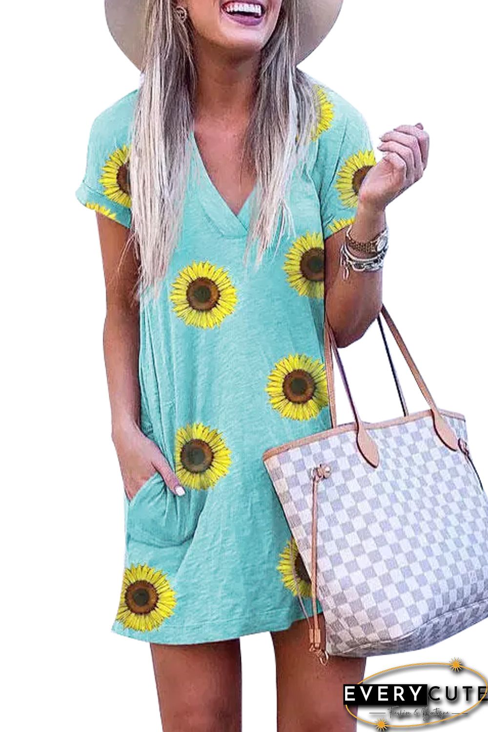 Short Sleeve V Neck Sunflower Print Mini Dress with Pocket