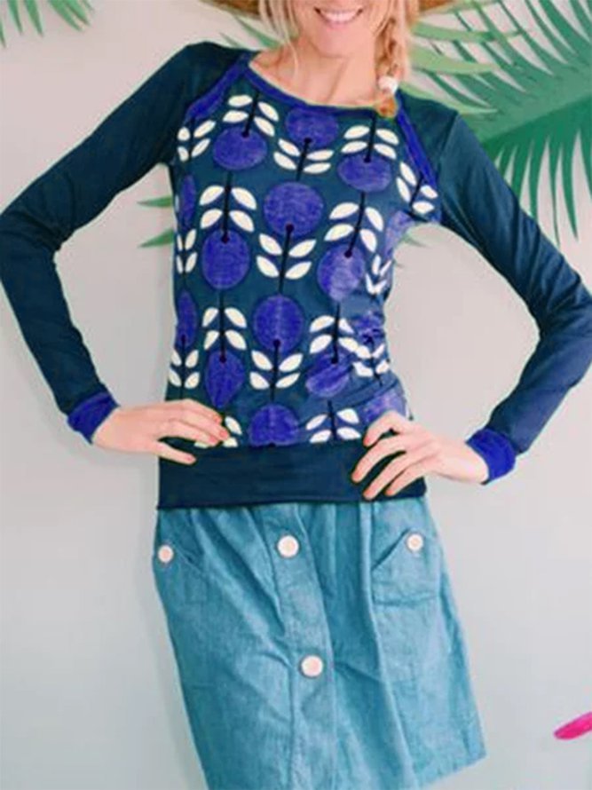 Plus Size Long Sleeve Vintage Printed Casual Shirts Tops