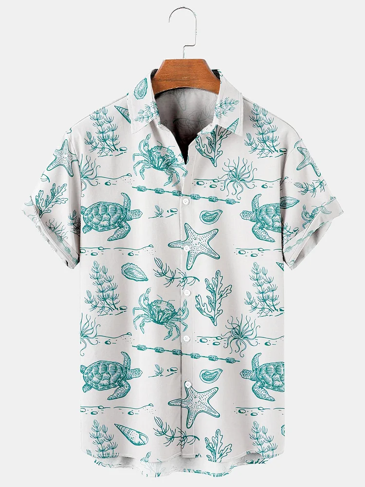 Mens Turtle Crab Print Casual Breathable Hawaiian Short Sleeve Shirt