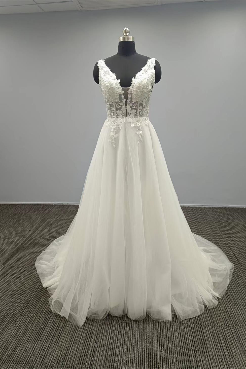 Oknass White V Neck A Line Wedding Dress Tulle With Appliques Open Back