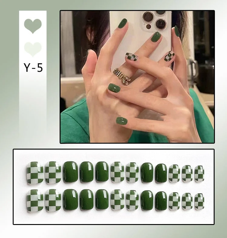 24Pcs/Set French Rhombus Designs False Nail Full Cover Fake Nails with Glue Detachable Wearable DIY Manicure Nail Art Tools-Nail Inspo