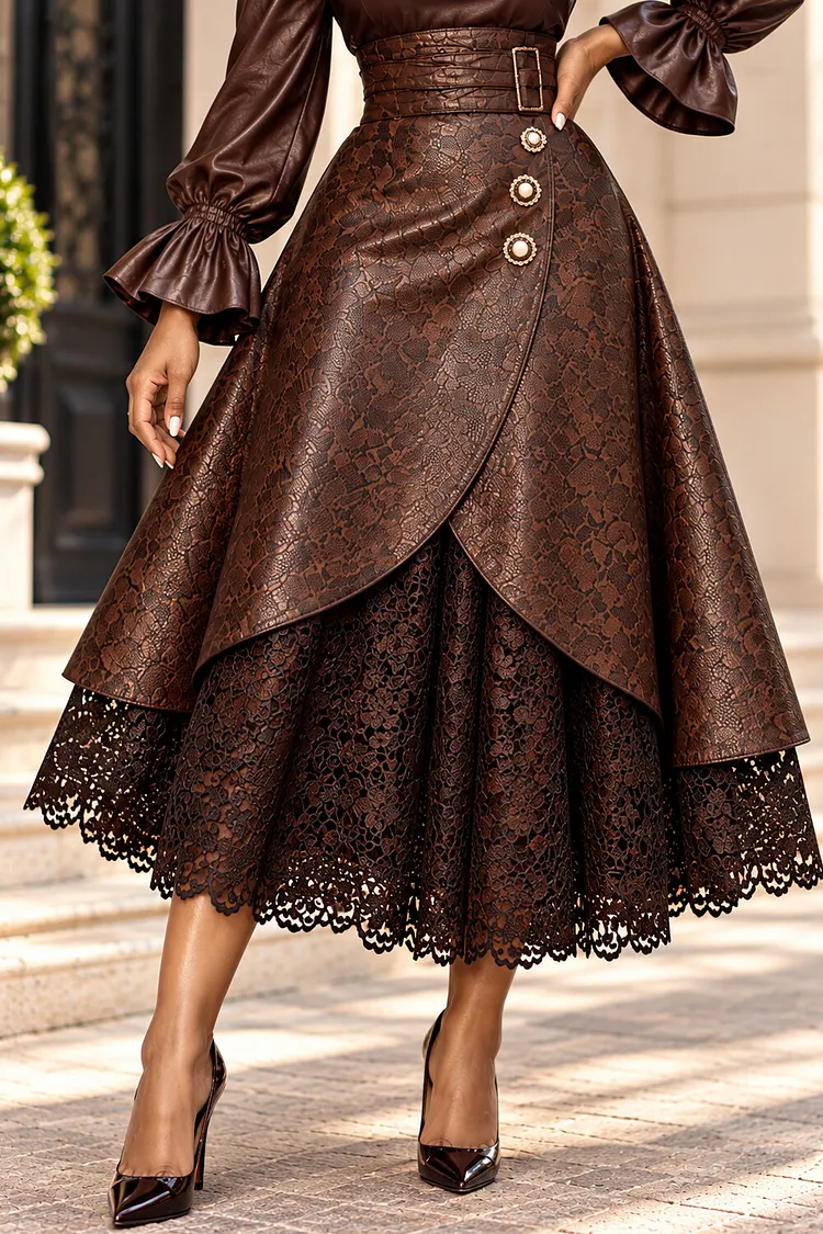 Xpluswear Design Plus Size Business Casual Lace Brown Contrast PU Leather Skirts [Pre-Order] 2024 - Xpluswear
