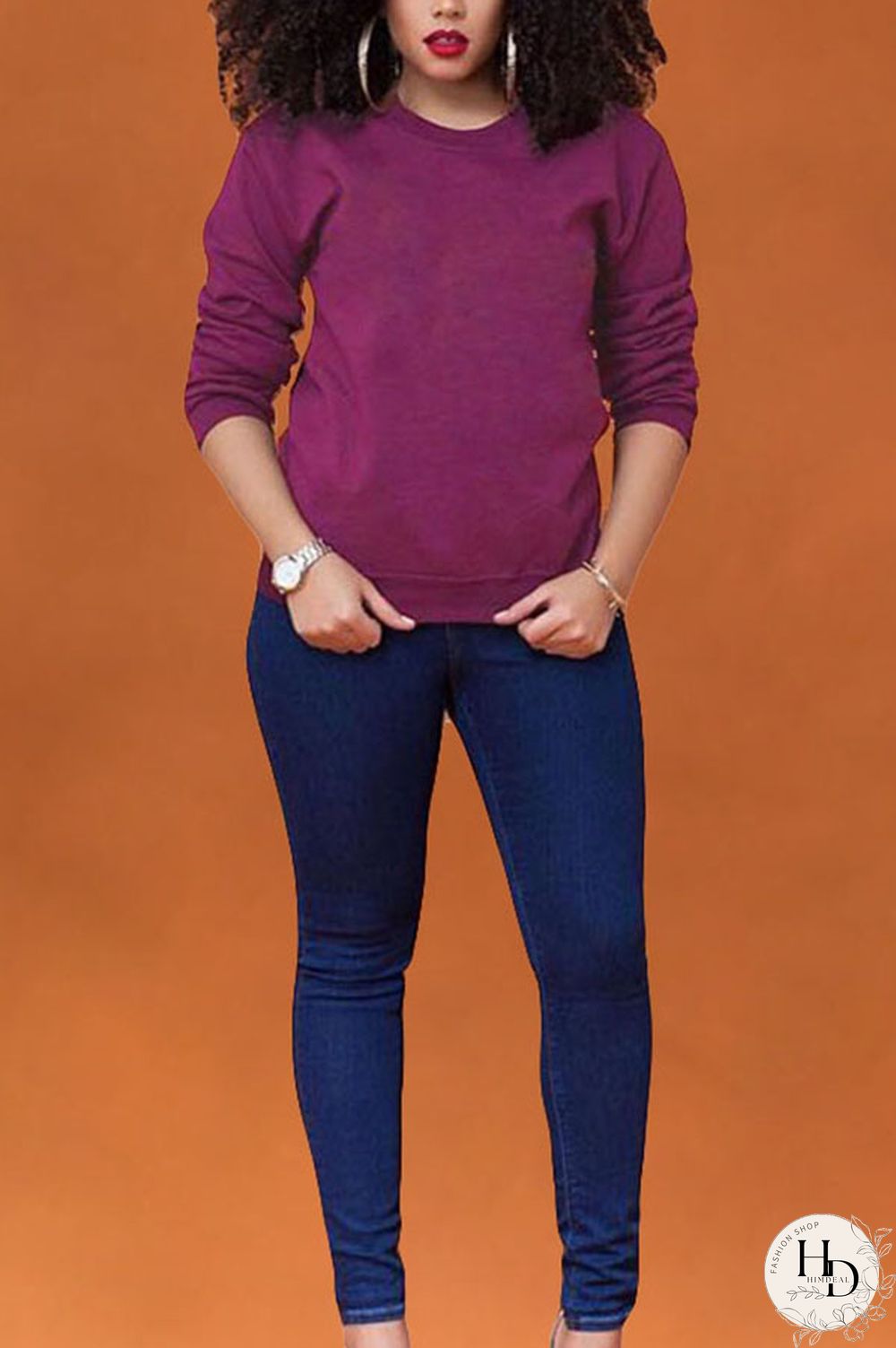 Orange Polyester O Neck Long Sleeve Solid Tops