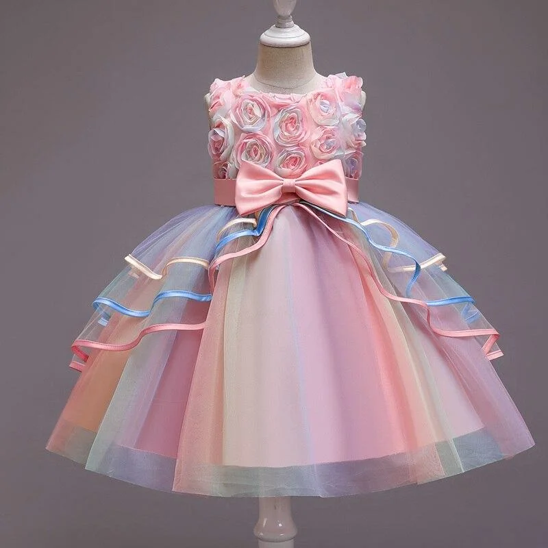 Summer Pretty Girls Dress Birthday Party Princess Dress Lace Kids Ball Gown Elegant Dress Casual Children Dress Size 4-10T