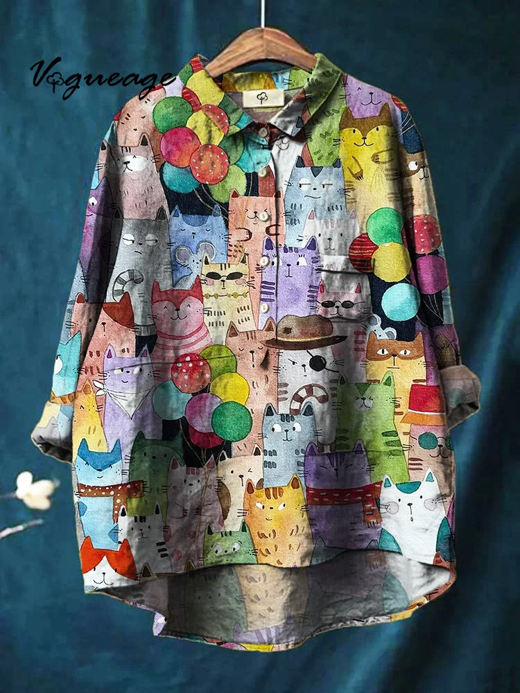 Lively And Interesting Cute Cat Print Cotton And Linen Shirt
