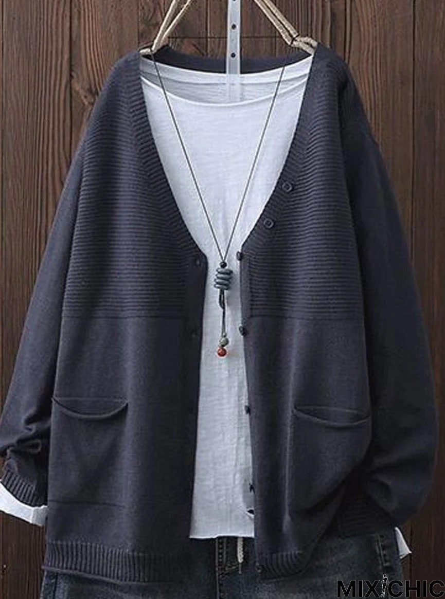 Solid Color Double Pocket Casual Knitted Cardigan