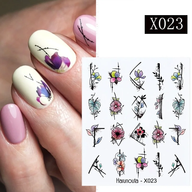Harunouta Geometric Lines Flower Leaf Water Decals Spring Summer Fruit Floral Butterfly Stickers Paper For Nails DIY Decoration