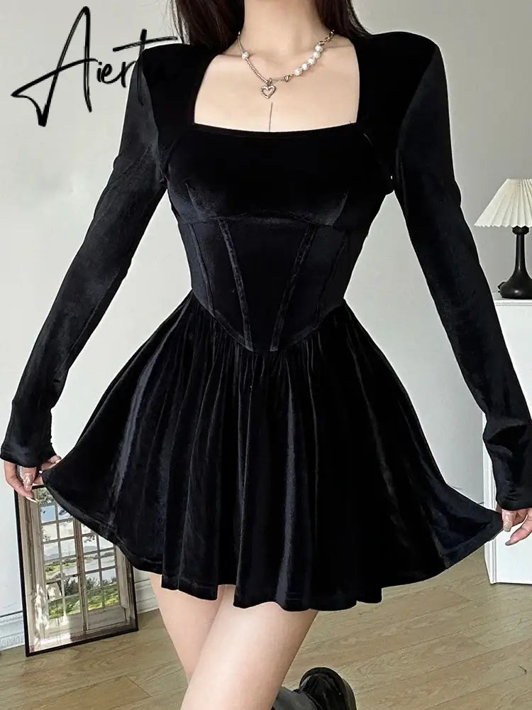 Aiertu  Korean Style Elegant Fashion Velvet Dress Basic Solid Square Collar Long Sleeve Mini Dresses For Women  Autumn Lady Aiertu
