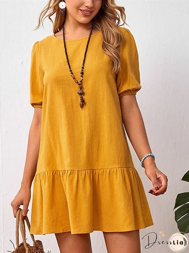 Cotton Linen Dress Casual Dress Mini Dress Cotton Blend Basic Casual Outdoor Daily Crew Neck Ruched Short Sleeve Summer Spring Loose Fit Black Yellow Sky Blue Plain S M L XL 2XL for Women