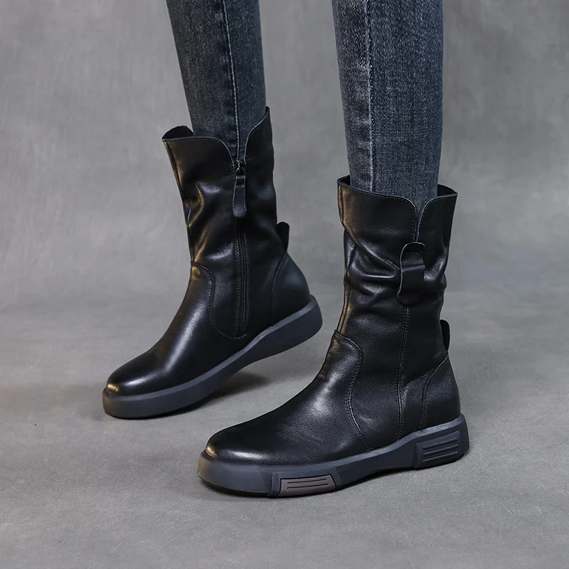 Yyvonne Martin Boots New Autumn And Winter Flat Bottom Mid-Sleet Boots Head Cowhedal Cowhed Vintage Round Head Knight Single Boots