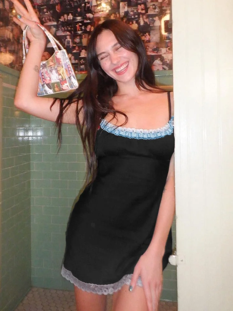 Rapcopter y2k Lace Bow Mini Dress Black Backless Basic Sexy Sundress Women Party Cute Strecthy Bodycon Dress Summer New Beach