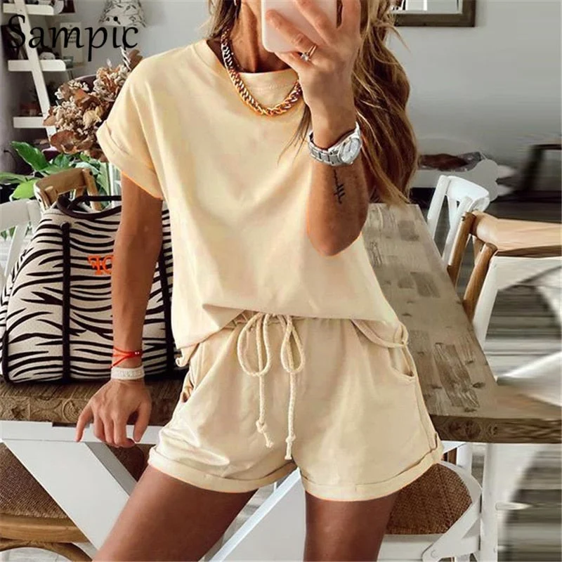 Sampic Summer Casual O Neck Outfits Women Two Piece Set Short Sleeve Crop Top Shirt And Loose Shorts Home Wear Women Sets 2020