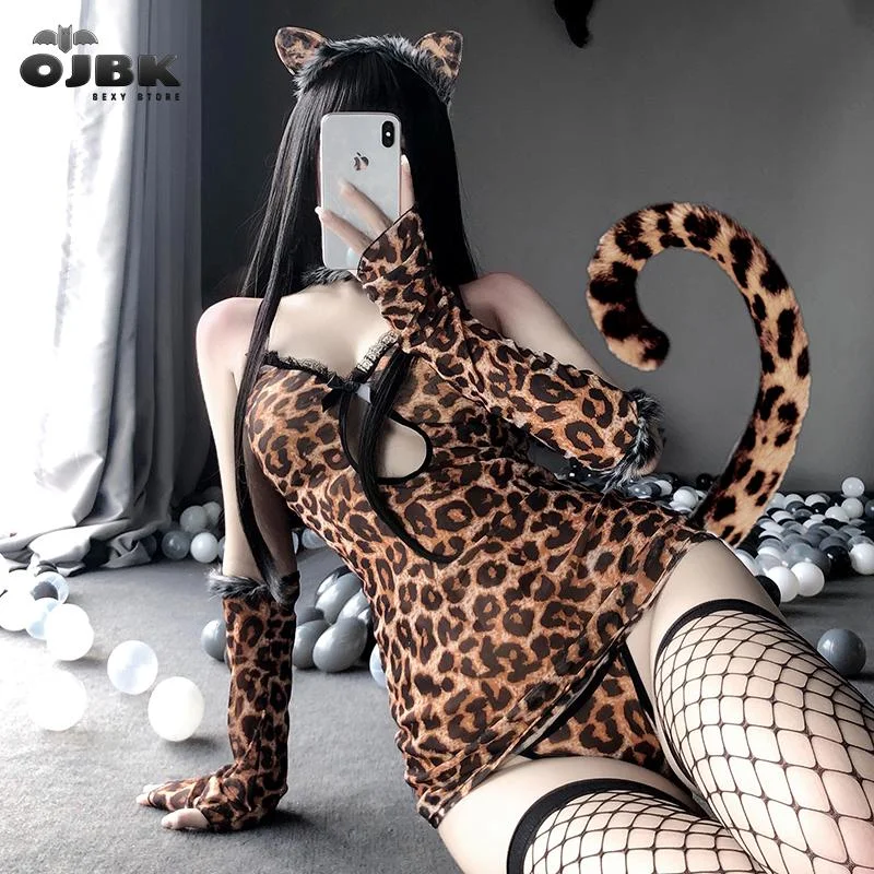 OJBK New Erotic Sexy Lingerie Suspender Skirt Sex Cat Cosplay Uniform Passion Temptation Classic Sexy And Cute Leopard Suit