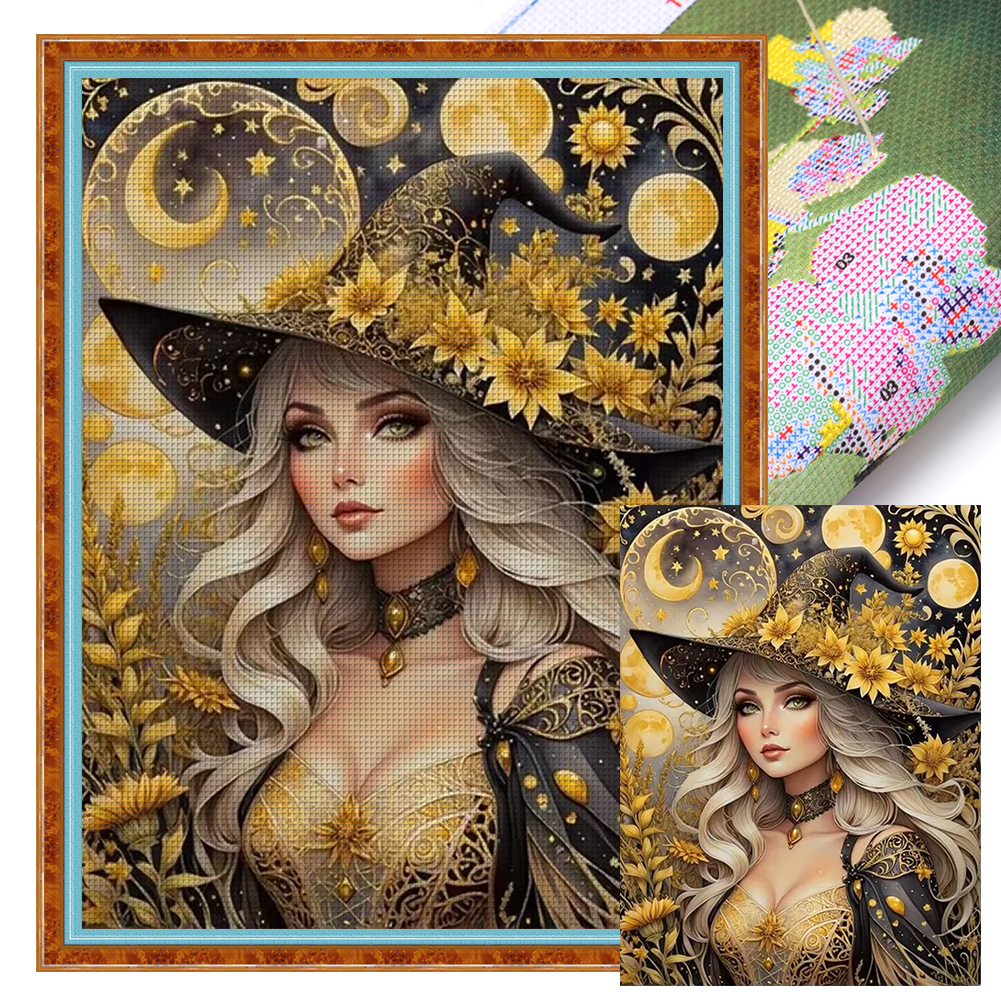 Golden Flower Witch Full 11CT Pre-stamped Canvas(45*60cm) Cross Stitch