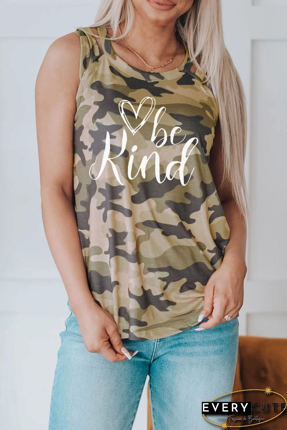 Green Be Kind Camo Crisscross Shoulder Tank Top