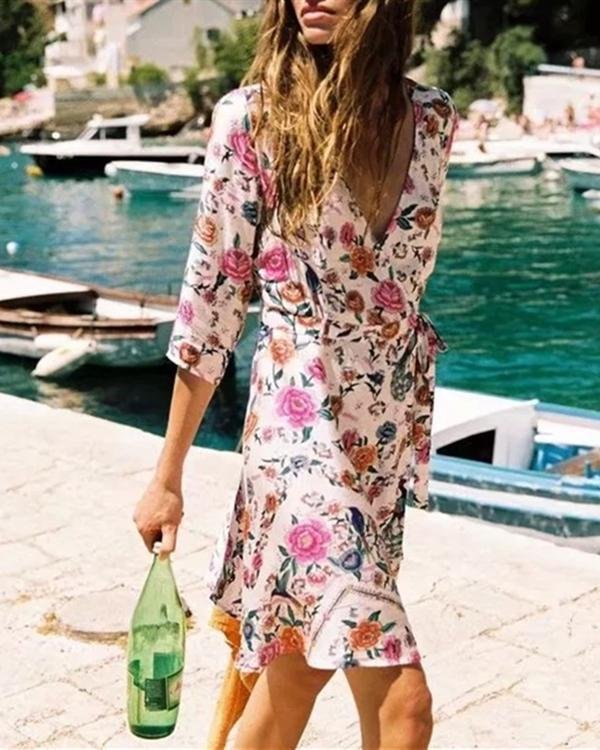 Women Casual Sexy Deep V Neck Bohemian Floral Print Sandbeach Mini Dress