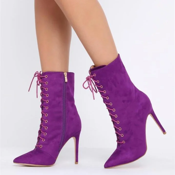 Purple Lace up Boots Pointy Toe Stiletto Heel Suede Ankle Boots |FSJ Shoes