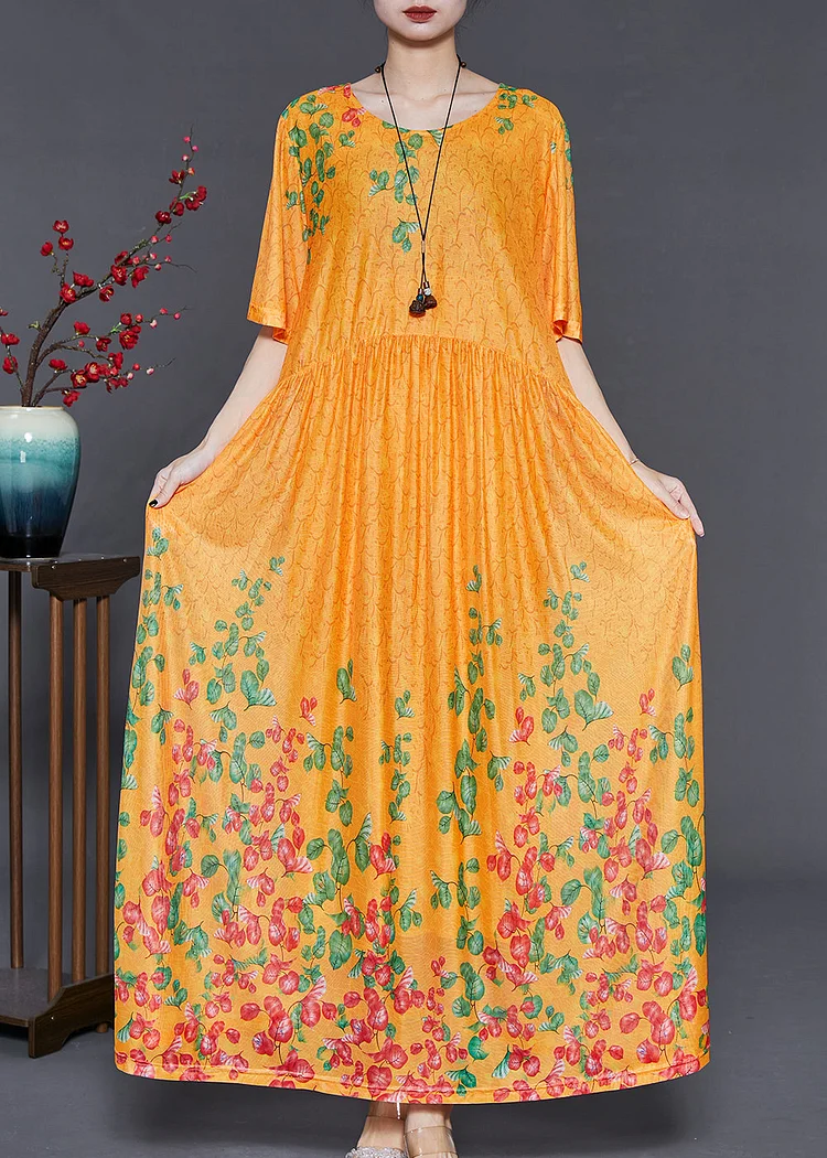 DIY Yellow Print Exra Large Hem Silk Long Dress Summer