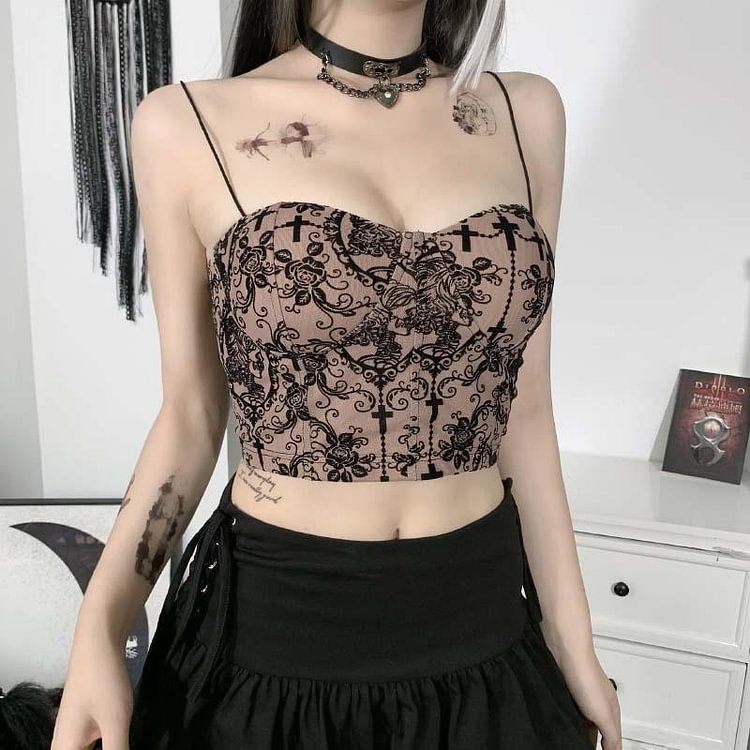 GOTH BACKLESS LACED PATCHWORK APRICOT CROP TOP