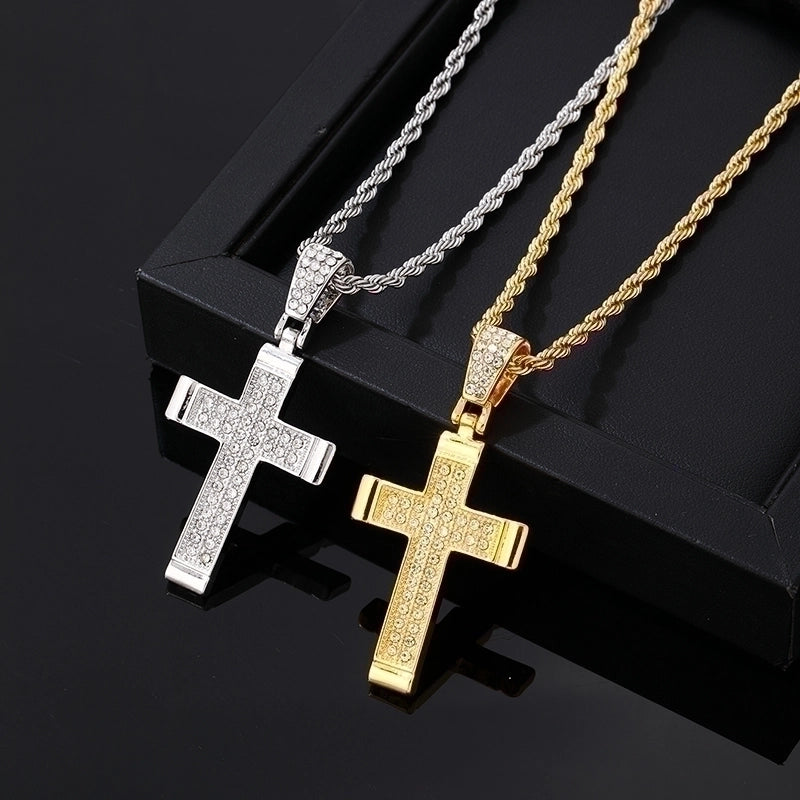 Hip-Hop Vintage Style Rock Cross 304 Stainless Steel Copper Plating Inlay K Gold Plated Rhodium Plated Zircon Pendant Necklace
