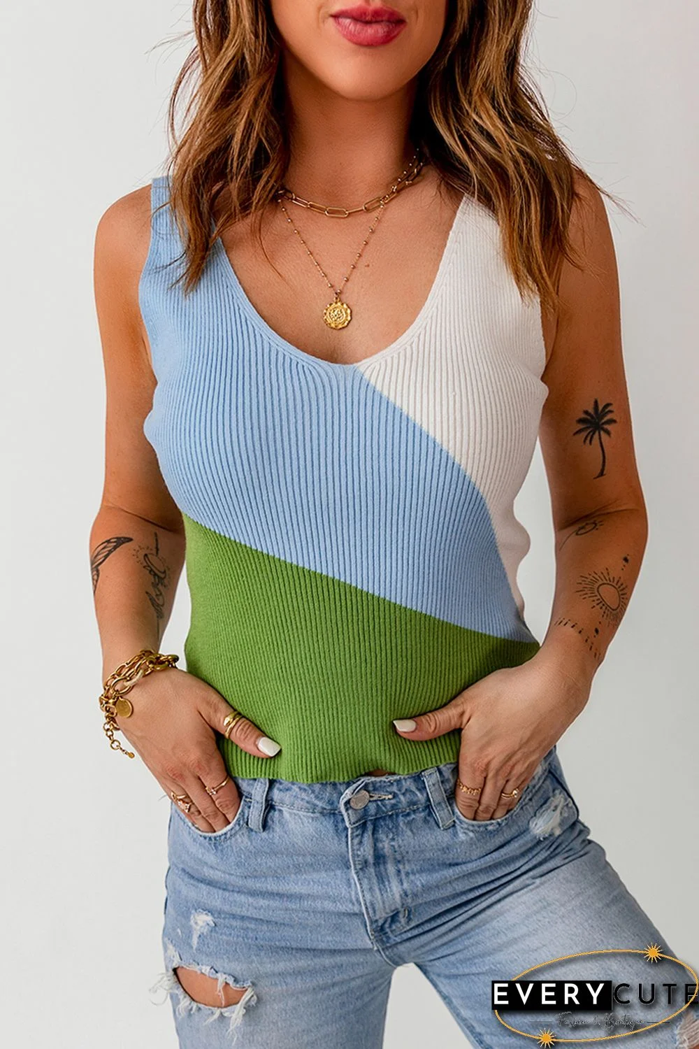 Sky Blue Ribbed Knit Color Block Sweater Vest