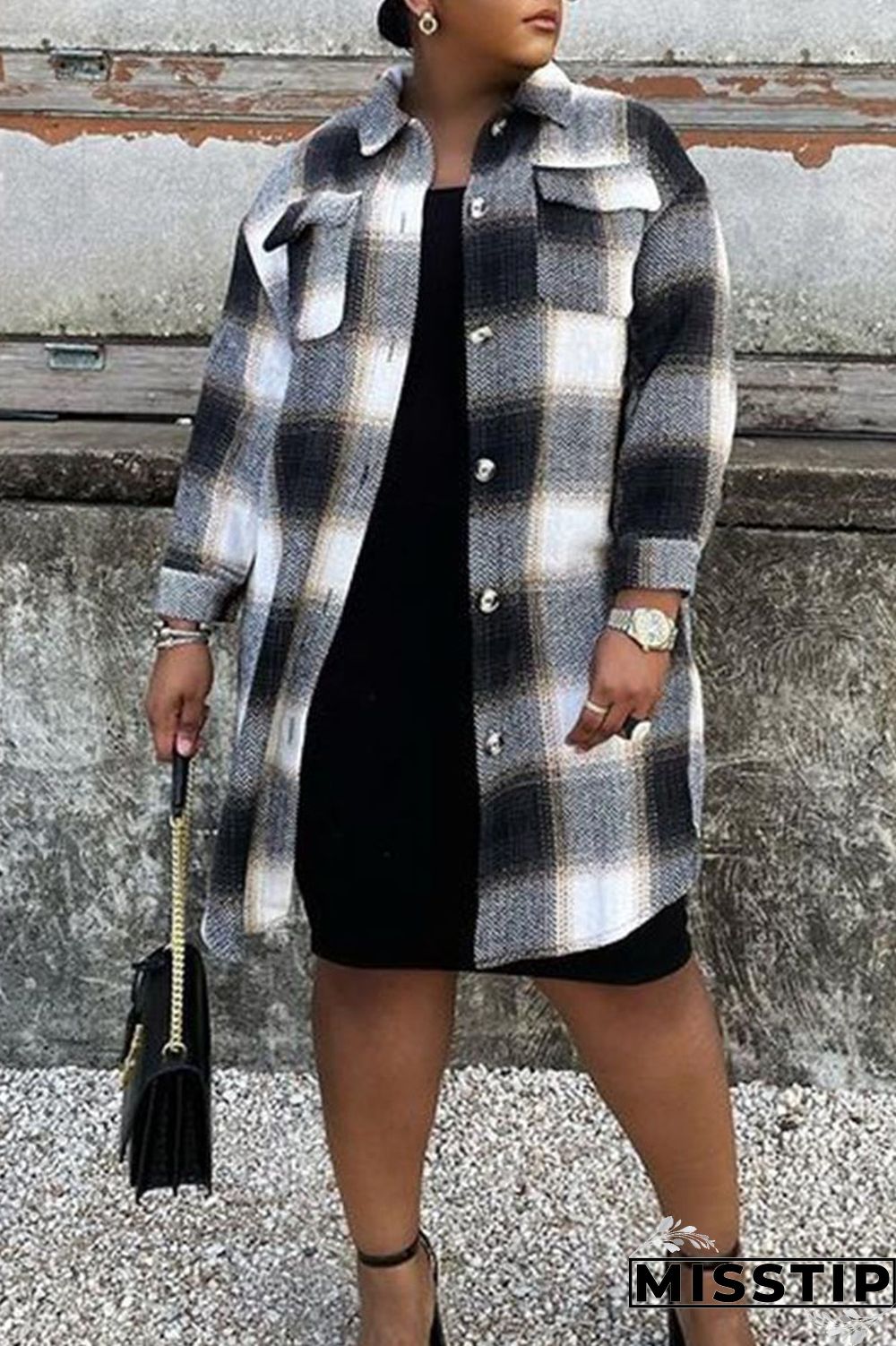 Black White Casual Plaid Print Patchwork Buckle Turndown Collar Plus Size Overcoat