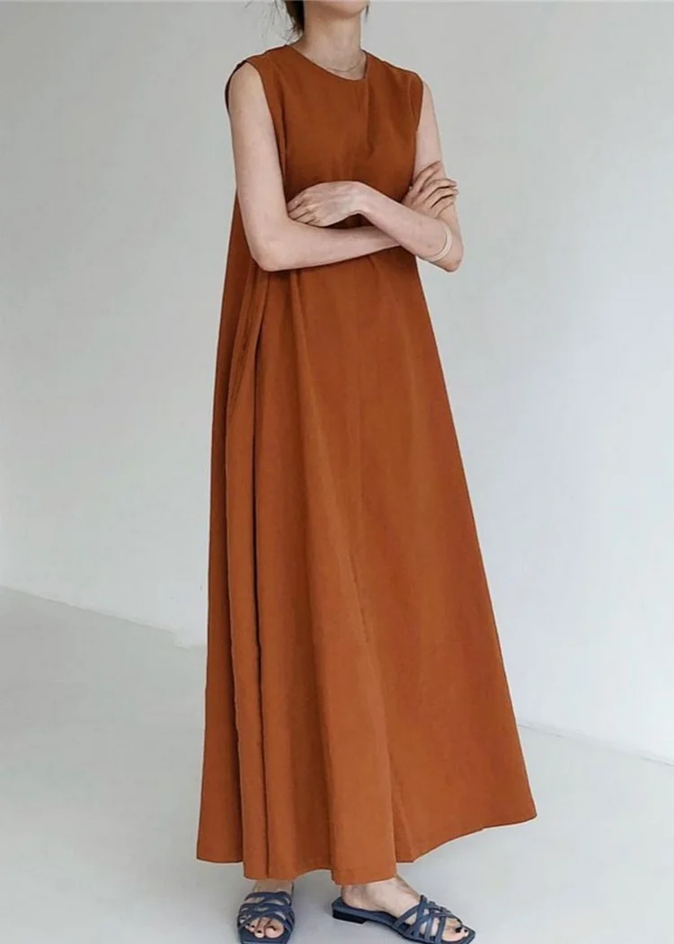 5.12Plus Size Brown Red O-Neck Maxi Dresses Summer